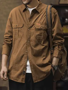 Chemise à Manches Longues Men's American Retro Workwear Décontracté Multi-Poches Coton Boutonnée Col Rabattu Pour Printemps Automne