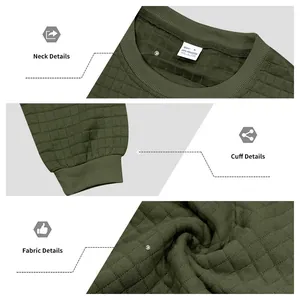 Detailansicht eines olivgrünen Sweatshirts mit Waffelmuster an Hals, Manschette und Stoff