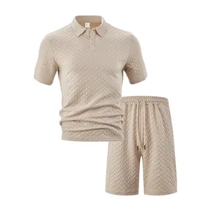 Men's khaki jacquard casual set featuring a Polo shirt and shorts with subtle texture
