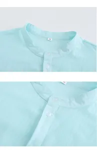 Close-up of a light blue cotton Henley shirt showing the collar and button details.