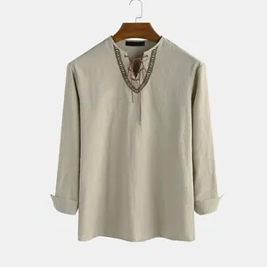 Men's American Retro Casual V-Neck Lace-Up Long Sleeve Shirt 100% Cotton Loose Fit High Street Style Tie-Dye Patchwork Top