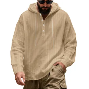 Detailed texture of men's khaki vertical striped linen hoodie with button collar