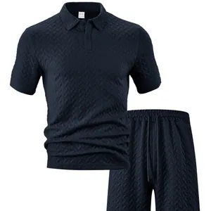 Men's navy blue jacquard textured short sleeve polo and shorts leisure set