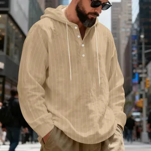 Detail of men's linen striped hooded sweatshirt with button collar for casual wear