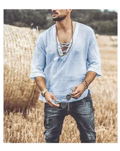 Stylish men's light blue cotton-linen shirt featuring a deep V-neck and lace-up front