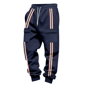 Pantaloni cargo da uomo in pile blu navy con strisce laterali vintage e tasche utility