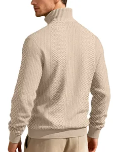 Back view detail of a beige men's turtleneck sweater with intricate jacquard knit patterns.