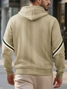 Back view of men's heavyweight khaki cable-knit hoodie with sports sleeve stripes