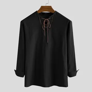 Vintage men's black cotton long sleeve casual shirt featuring V-neck lace-up design