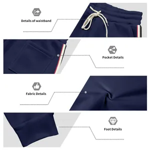 Vista dettagliata dei pantaloni in pile blu navy con vita, tasche e trama del tessuto