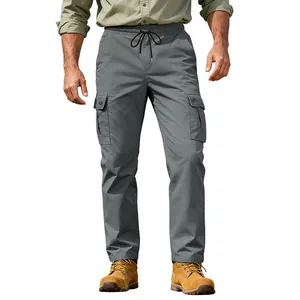 Men's grey outdoor hiking cargo pants with elastic drawstring waist and side pockets.