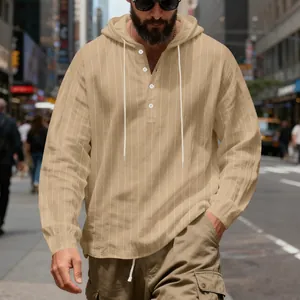 Detail view of men's linen khaki striped hoodie with buttons and white drawstring.
