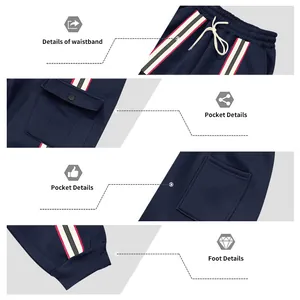 Dettagli dei joggers in pile blu navy con girovita, tasche e polsini a costine.