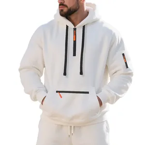 Men's athletic leisure fleece hooded pullover sweatshirt with arm pocket in white