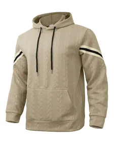 Men's khaki heavyweight cable-knit jacquard hoodie with striped athletic sleeve detail