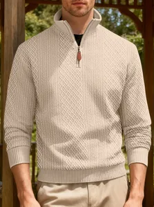 Detail of heavy jacquard knit texture on a men's half-zip business casual sweatshirt