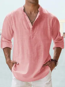Men's Vintage Henley Shirt 100% Cotton Long Sleeve Casual Loose Fit Solid Color Summer Breathable Pullover Top For Men