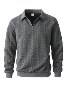 Felpa a polo da uomo grigia in tessuto jacquard con mezza zip e polsini a costine