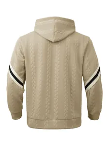 Back view of men's heavy jacquard hooded sweatshirt with intricate cable knit texture