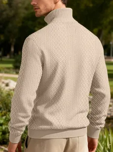 Rear view detail of a beige stand-collar sweatshirt with intricate jacquard texture
