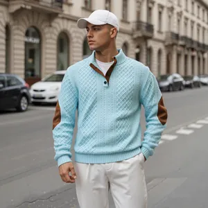Maglione Henley da uomo in maglia jacquard celeste con toppe sui gomiti