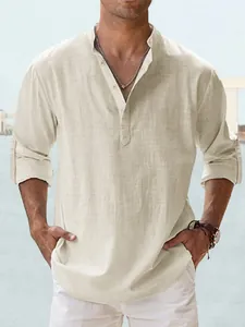 Men's casual cream cotton long sleeve Henley shirt with button placket and retro style