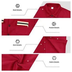 Détails de la veste de travail rouge pour homme montrant le col, les poches et le tissu.