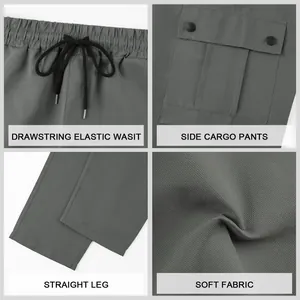 Detail view of men's cargo pants showing drawstring waist, pocket, and soft fabric.