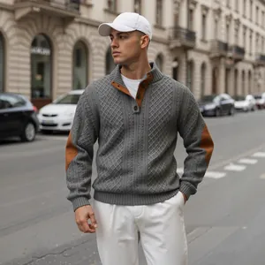 Maglione in maglia jacquard grigia da uomo con scollo Henley e toppe sui gomiti
