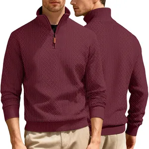 Front and back view of men's burgundy heavy jacquard quarter-zip mock neck sweater