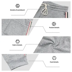 Dettagli dei pantaloni sportivi in pile grigio mostrati: vita, tasca, tessuto e polsini.