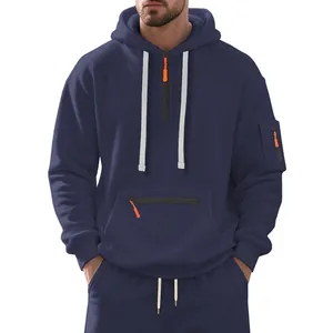Men's navy blue heavy fleece hooded sweatshirt featuring bright orange zipper pull accents