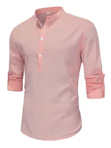 Classic men's salmon pink cotton Henley shirt with stand collar and long rolled sleeves