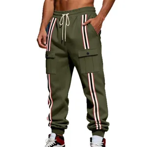 Pantaloni cargo da uomo verde oliva foderati in pile con vivaci strisce laterali