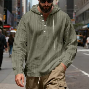 Men's green linen striped hooded sweatshirt street style detail with buttons