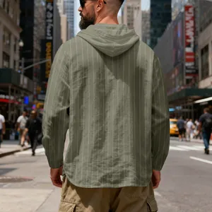 Back view of a men's linen striped hooded long-sleeve shirt in olive green color