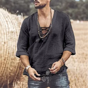 Men's breathable cotton linen summer shirt featuring deep V-neck and lace-up front.