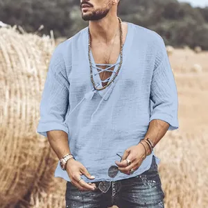 Men's breathable light blue cotton linen shirt with deep V-neck and lace-up design.