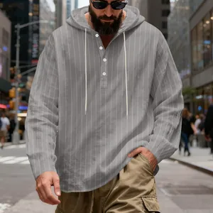 Urban street style men's linen hooded pullover with grey pinstripe details