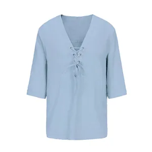 Light blue men's cotton linen V-neck shirt featuring a stylish lace-up front and mid-sleeves