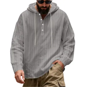 Detailed view of men's grey striped linen hooded sweatshirt with white button placket