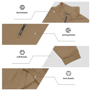 Detailansicht von Kragen, Nähten, Bündchen und Saum eines Herren-Sweatshirts mit Reißverschluss.