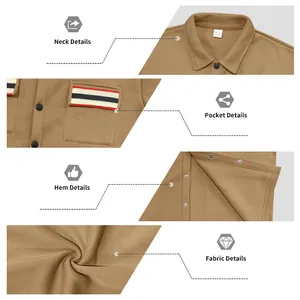 Détails de la veste cargo pour hommes montrant le col, la poche, l'ourlet et le tissu