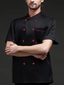 Giacca da Chef Professionale da Uomo Manica Corta Doppiopetto Collo alla Coreana Tinta Unita Divisa Per Cucina Ristorazione