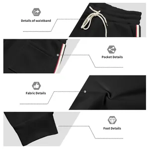 Viste dettagliate dei pantaloni sportivi neri da uomo: vita, tasca, tessuto e polsini