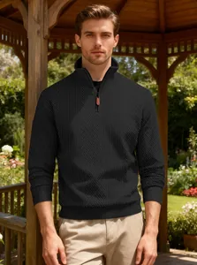 Close-up detail of men's black jacquard half-zip sweater featuring a stand collar design