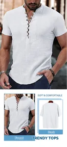 Front and back detail view of white men's short sleeve Henley shirt with buttons