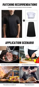 Detailweergave van oliebestendig zwart koksuniform in diverse keuken- en BBQ-scenario's