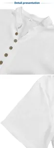 Close-up detail of white men's Henley shirt showing buttons and linen fabric texture
