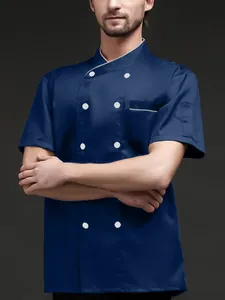 Giacca da chef blu navy a maniche corte da uomo con bottoni a doppio petto e colletto